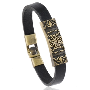 Vintage Cowhide Leather Bracelet Alloy Bronze Plaque Geometric Carved Celtic Knot Retro Punk Bangle Unisex Jewelry
