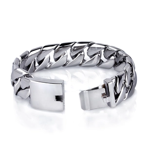 Polished silver titanium steel 20mm Cuban link bracelet for men on a white background