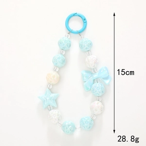Pastel blue and cream beaded keychain with flower and star charms, 15cm long