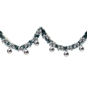 Close-up of 2m green Christmas garland with silver bows and hanging metallic ornaments