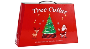 Detail of red Christmas tree collar packaging box with handle and festive Santa prints