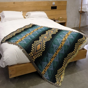 Bohemian geometric knit outdoor picnic blanket and ethnic camping rug with fringe