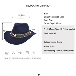 Dark blue wool cowboy hat with turquoise beaded band showing detailed size dimensions
