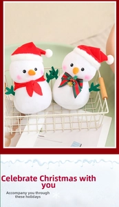 Close-up of cute plush Christmas snowmen with red hats in a white metal basket