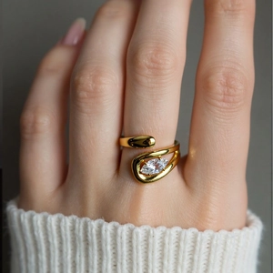 Adjustable Stainless Steel Ring 18K Gold Plated White Zircon Pear Square Marquise Shape High End Jewelry Women