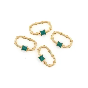 18K gold plated oval carabiner screw locks with green enamel and bamboo texture set
