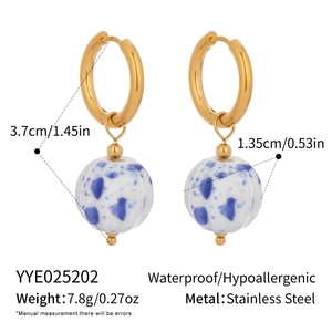 Detail showing waterproof hypoallergenic stainless steel earring dimensions and blue bead