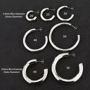 Polished stainless steel C-shaped hoop earrings in 5.0mm and 8.0mm thickness and multi-sizes