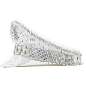 White bride captain hat with pearls, sequins and sparkling rhinestone fringe for weddings