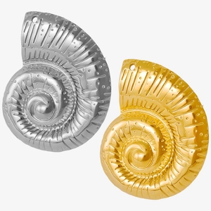 Detail view of silver and gold conch shell pendants with textured metal surfaces