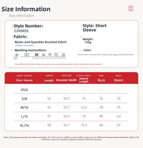 Size chart for yoga short sleeve top CDX8455 with fabric specs and measurements