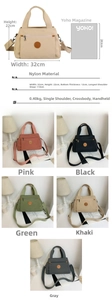 Detailed view showing multi-compartment nylon handbag dimensions and five color options
