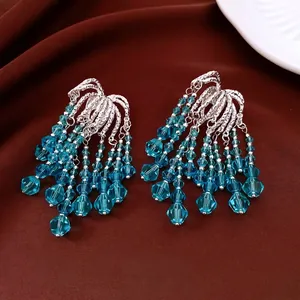 Luxury sky blue crystal tassel earrings with silver multi-layer metal base on silk