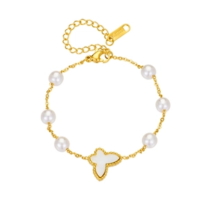 Elegant gold titanium steel bracelet with white shell butterfly pendant and pearl beads