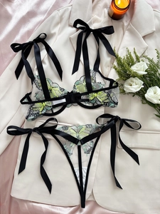 Close-up of butterfly embroidery lace and elegant black satin ribbon bow on lingerie set