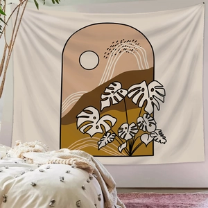 Boho style wall tapestry with abstract sun and palm leaves for home decor
