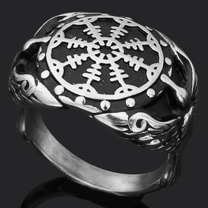 Detailed view of Viking Aegishjalmur rune symbol on vintage stainless steel ring