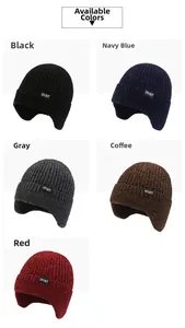 Detailed grid of five-color thick knitted beanies with ear flaps and Sport label