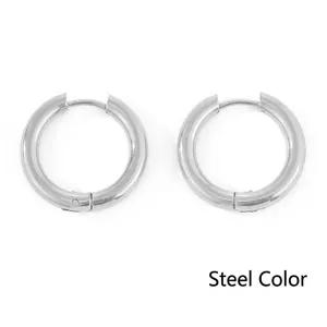 Detailed view of chunky steel hoop earrings with polished stainless steel finish
