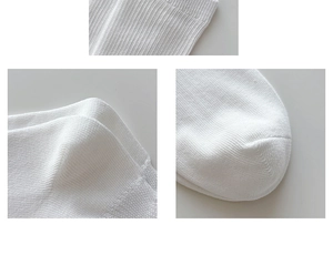 Detail view of white cotton socks showing ribbed cuffs, stitched heels and smooth toes
