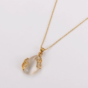 Elegant 304 stainless steel gold chain necklace with a pear-shaped cat eye stone pendant