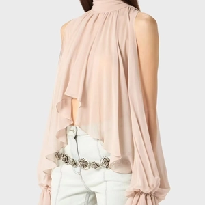 Elegant light pink sleeveless chiffon halter top with pleated details and flowy hem