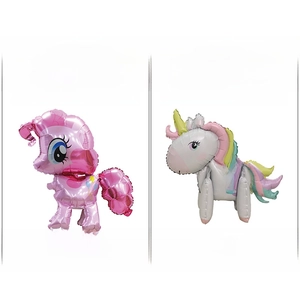 Cartoon unicorn and pink pony foil balloons with decorative backing card for party