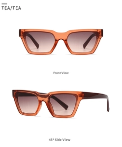 Front and 45-degree side view of translucent tea-colored cat eye square sunglasses