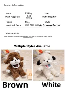 Detailed spec chart of plush puppy toy showing brown and white colors in three sizes