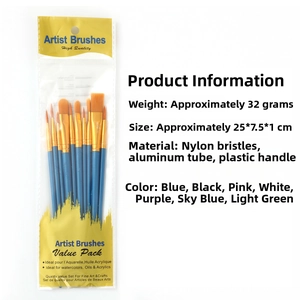 Detail of 10-piece nylon paint brush set with blue handles and varied tips in packaging