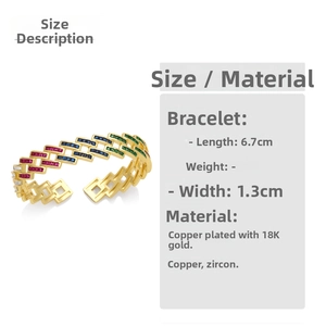 Detail view of 18K gold plated bangle with colorful zircon in a geometric structure