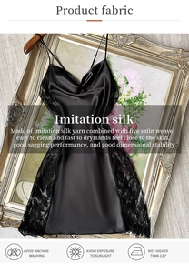 Detail of black silk satin nightgown with delicate lace trim and thin straps