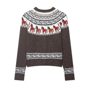 Brown Fair Isle knit sweater with geometric patterns and horse motifs on white background