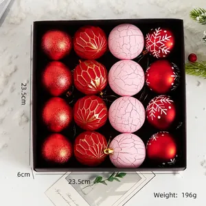 Set of 16 decorative Christmas balls with red and pink textures in a square gift box