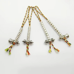 Set of four Buddhist prayer bead counters with Vajra bell pendants on colorful cords