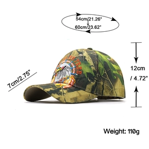 Camouflage baseball cap with eagle embroidery and dimensional size markings for fit