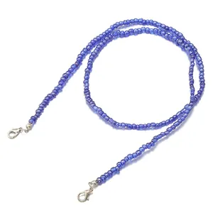 Detailed view of vibrant blue beaded chain with silver metal lobster clasps for eyewear