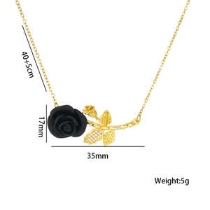 Elegant gold titanium steel necklace with black rose pendant and cubic zirconia leaves