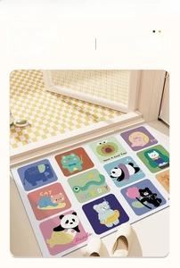 Detail of cartoon animal bathroom mat featuring panda and cat patterns for anti-slip use