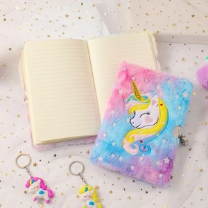 Tie-dye unicorn plush notebook set with metal lock and two matching keychains