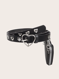 Detail of black faux leather belt with silver heart buckle and detachable heart pouch