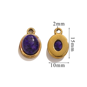 Detailed macro view of purple oval stone pendant with gold base and size measurements