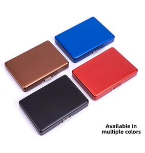 Detailed view of aluminum cigarette cases in blue, bronze, red, and black matte finishes