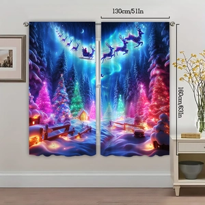 Christmas curtains set showing Santa Claus and deer with 130x160cm size measurements