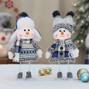 Luxury blue and white plush snowman Christmas dolls with knitted textures for holiday decor