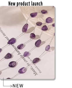 Close-up of irregular purple natural stone necklace with fine silver stainless steel chain