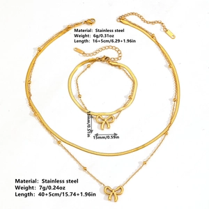 Parure de bijoux en acier inoxydable doré avec collier à pendentif nœud et bracelet plat
