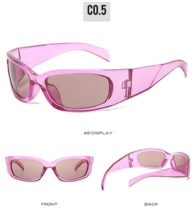 Three-angle display of Y2K style pink translucent sports sunglasses with light brown lenses