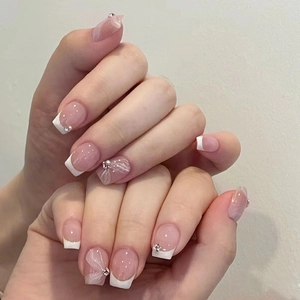 Short Ballerina Press On Nails Pink White French Tip With Artificial Pearl Decor Gradient Line Art False Nails For Women