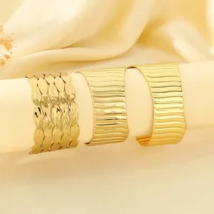 Stainless Steel Wide Open Cuff Bracelet Gold Plated Textured Wave Leaf Minimalist Retro Fashion Jewelry For Women